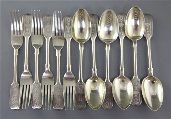 A set of six 19th century Russian 84 zolotnik bright cut engraved silver fiddle pattern dessert forks and six dessert spoons, 12 oz.